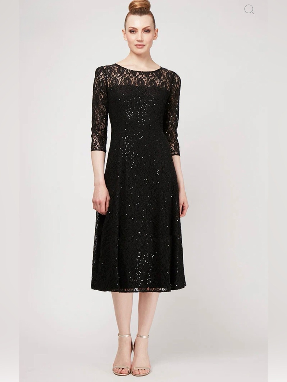 SLNY Women's Black Sequin Lace Fit & Flare Cocktail Dress 3/4 Sleeve Size 14